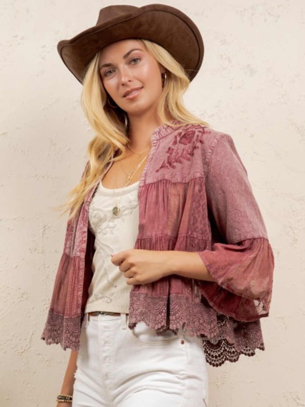 Young Threads Garnet Vintage Bohemian Tiered Patchwork Cropped Shrug